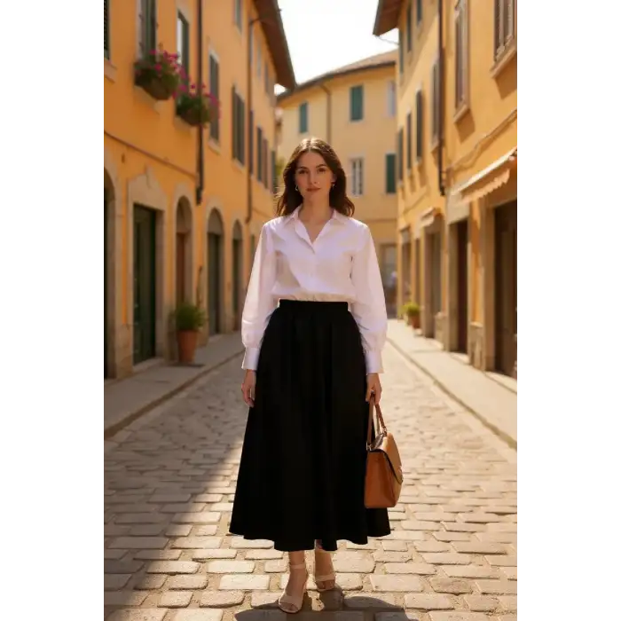 Kadın Siyah Double Kumaş Beli Lastikli Cepli Etek