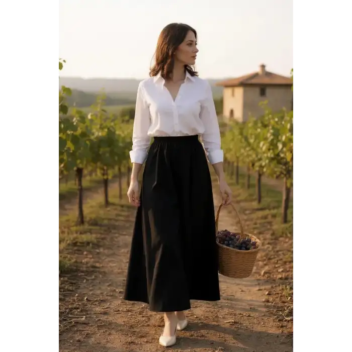 Kadın Siyah Double Kumaş Beli Lastikli Cepli Etek