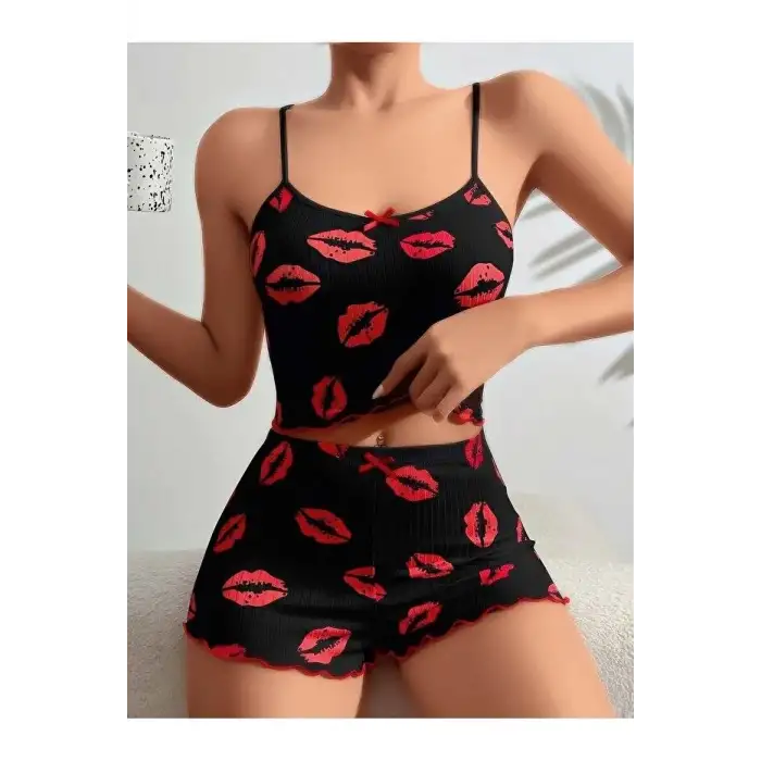 Kadın Siyah Dudak Desenli Şortlu Pijama Takımı 5057