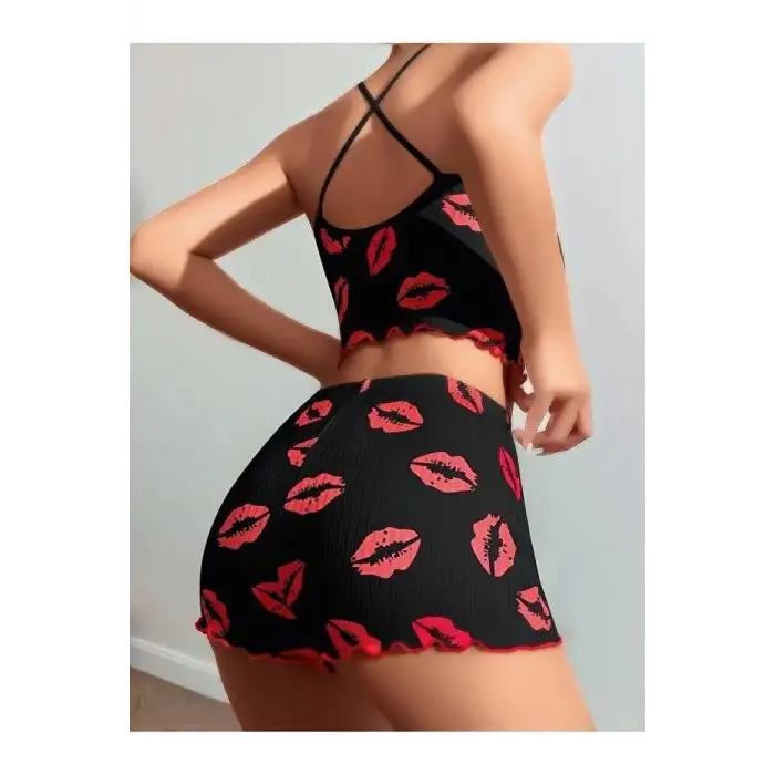 Kadın Siyah Dudak Desenli Şortlu Pijama Takımı 5057