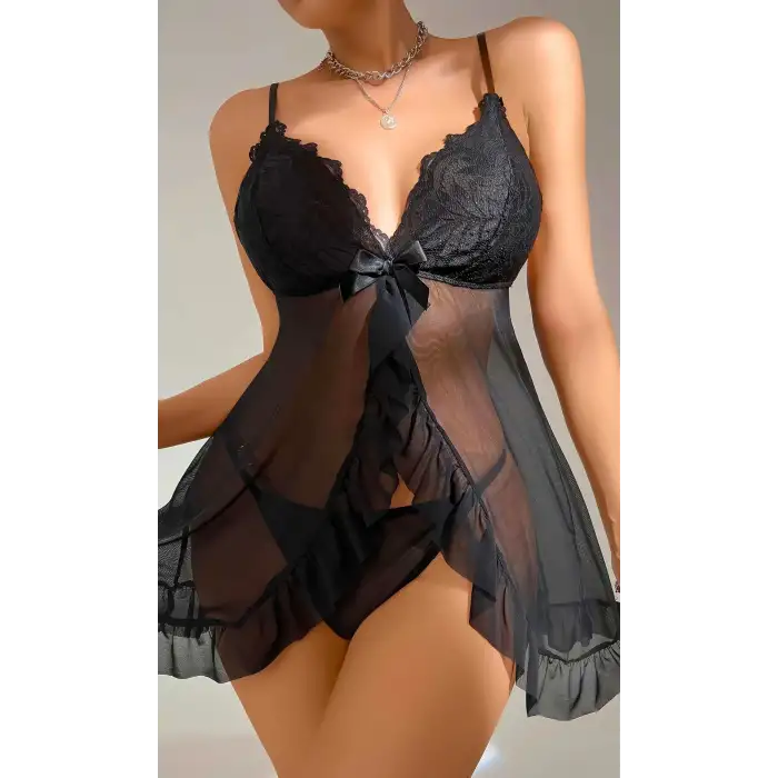 Kadın Siyah Fantezi Gecelik Tül Dantel detaylı fantezi gecelik 2117