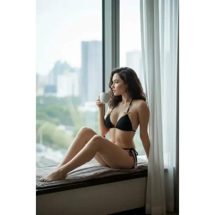 Kadın Siyah Fiyonklu İç Çamaşırı ve Uzun Kollu V Yaka Pijama Takımı 4lü Set