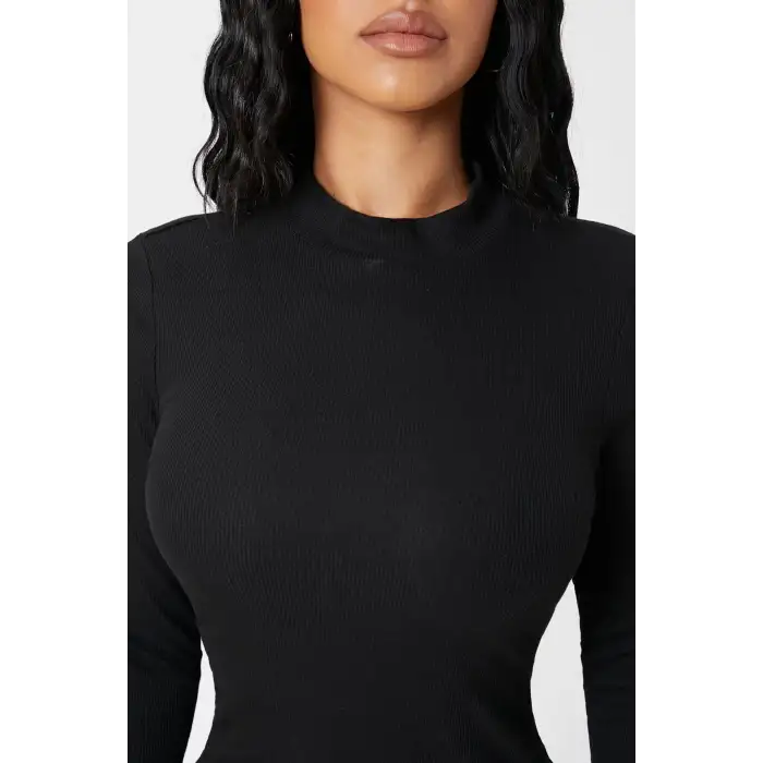 Kadın Siyah Kaşkorse Balıkçı Yaka Uzun Kollu Bodycon Mini Elbise