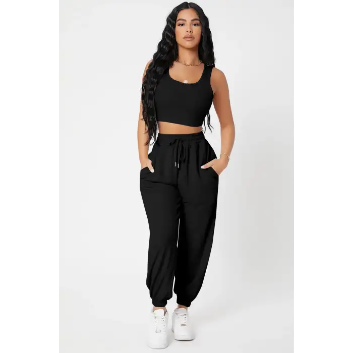 Kadın Siyah Kaşkorse Cepli Jogger Eşofman Altı ve Crop Top Bluz