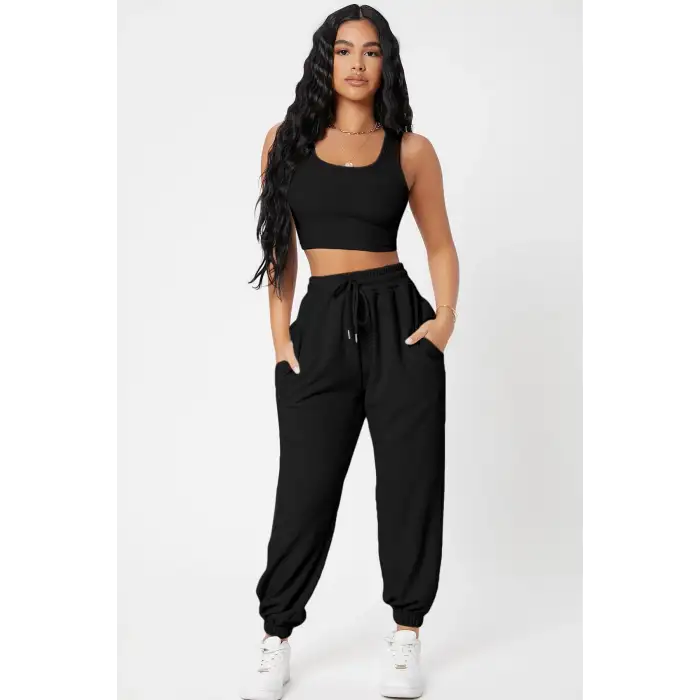 Kadın Siyah Kaşkorse Cepli Jogger Eşofman Altı ve Crop Top Bluz