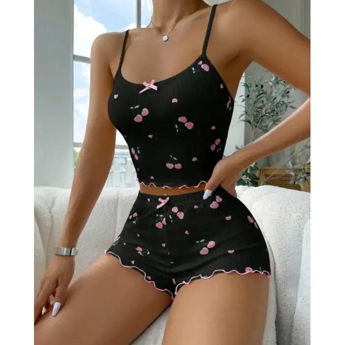 Kadın Siyah Kiraz Desenli Seksi Gecelik Takım 9003