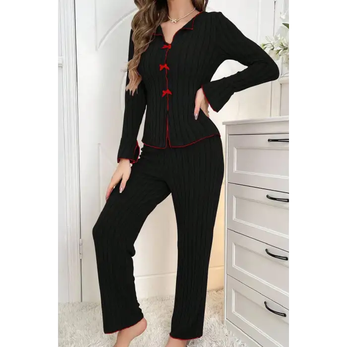 Kadın Siyah Kırmızı Biyeli ve Fiyonklu Uzun Kollu Mevsimlik Pijama Takımı