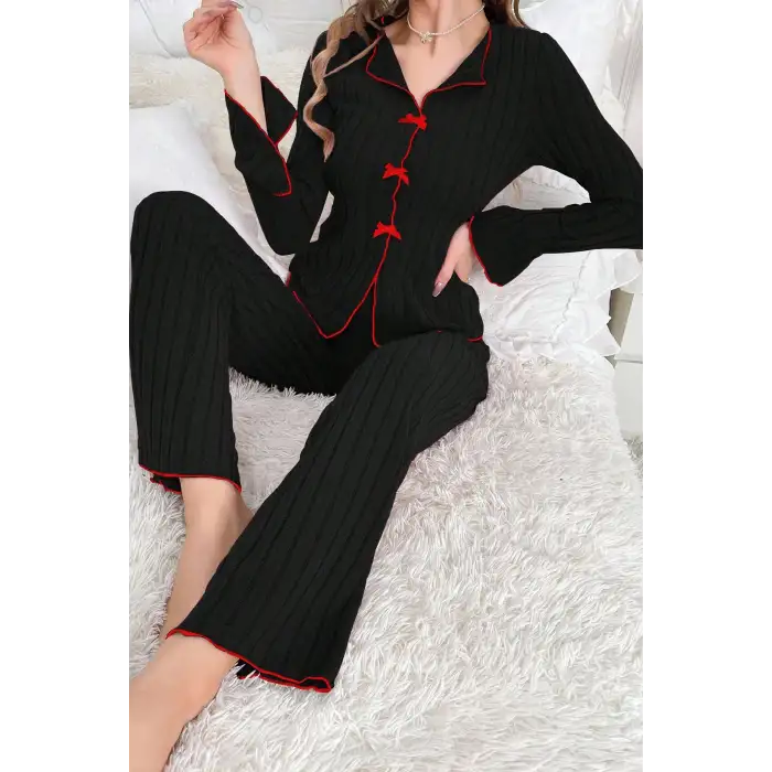 Kadın Siyah Kırmızı Biyeli ve Fiyonklu Uzun Kollu Mevsimlik Pijama Takımı