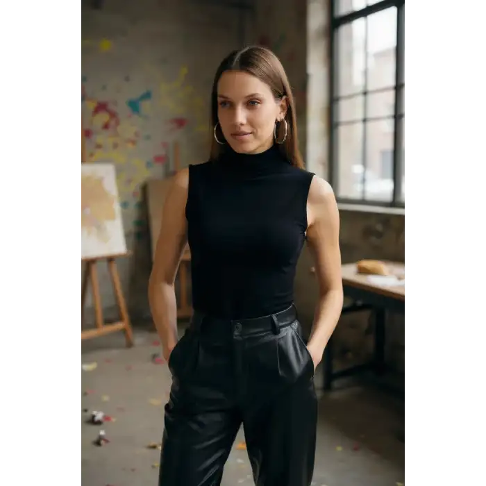 Kadın Siyah Kolsuz Balıkçı Yaka Basic Bluz