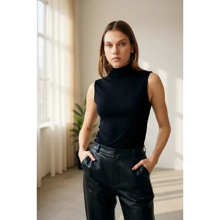 Kadın Siyah Kolsuz Balıkçı Yaka Basic Bluz