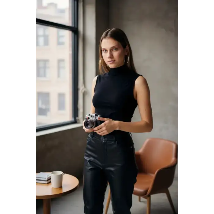 Kadın Siyah Kolsuz Balıkçı Yaka Basic Bluz