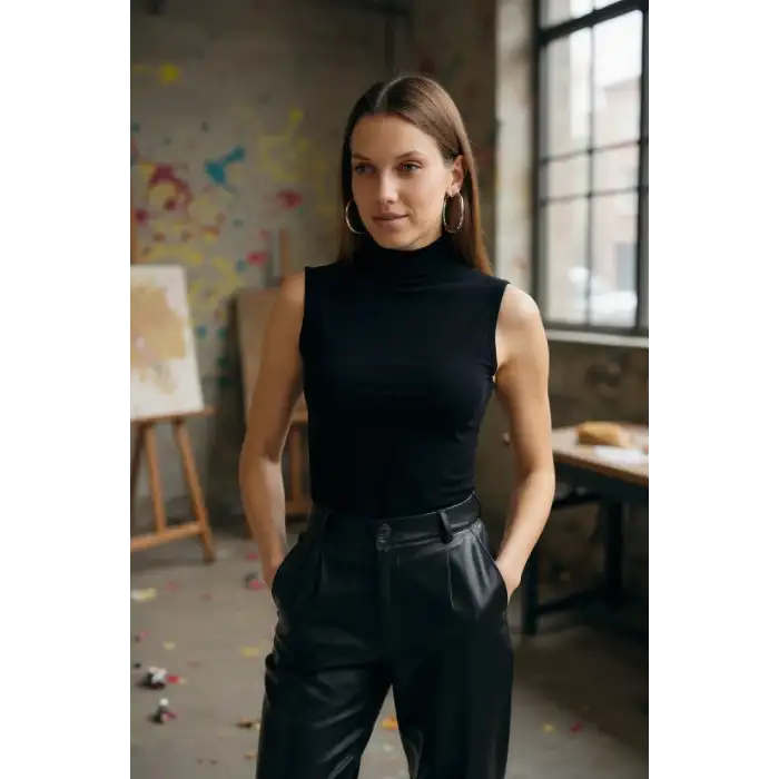 Kadın Siyah Kolsuz Balıkçı Yaka Basic Bluz