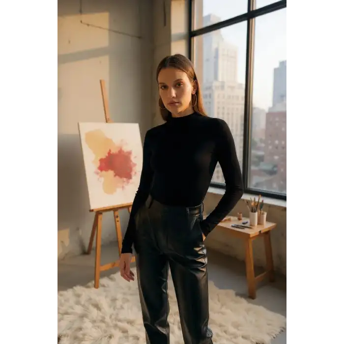 Kadın Siyah Parmak Detaylı Esnek Uzun Kollu Body