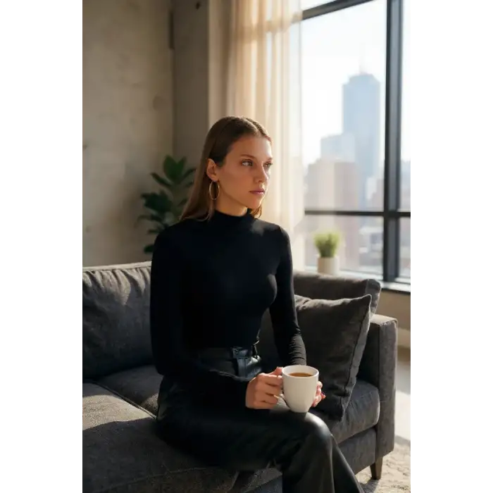 Kadın Siyah Parmak Detaylı Esnek Uzun Kollu Body