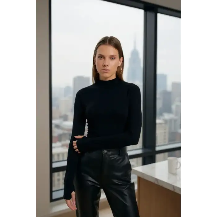 Kadın Siyah Parmak Detaylı Esnek Uzun Kollu Body