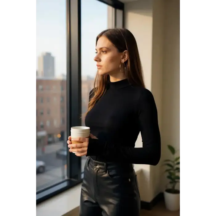 Kadın Siyah Parmak Detaylı Esnek Uzun Kollu Body