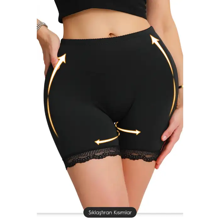 Kadın Siyah Pop Up Kalça Kaldırıcı ve Sekillendirici Dantel Paçalı Şort Külot – Modern ve Şık Tasarım