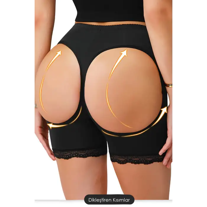 Kadın Siyah Pop Up Kalça Kaldırıcı ve Sekillendirici Dantel Paçalı Şort Külot – Modern ve Şık Tasarım