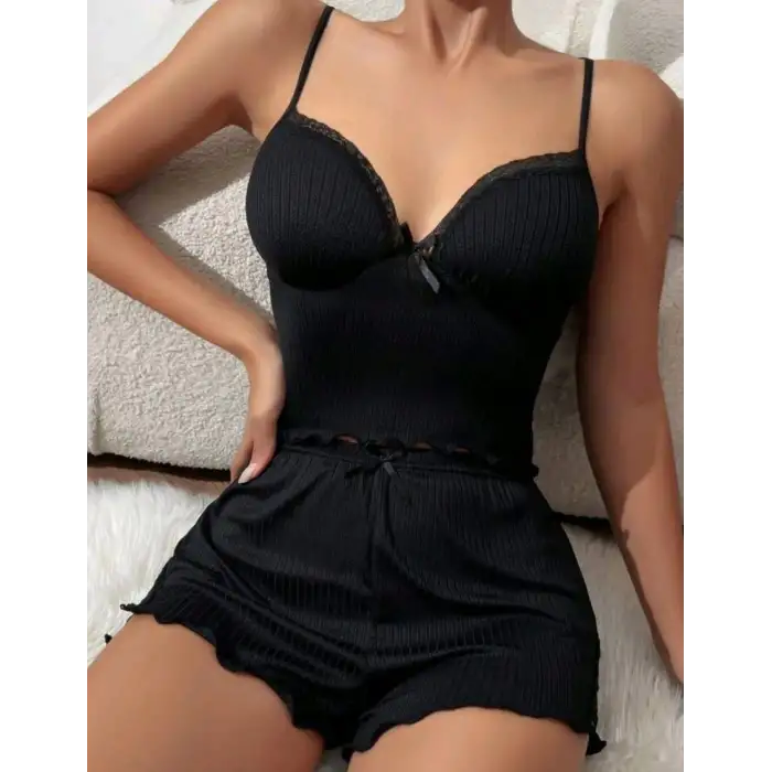 kadın siyah şortlu gecelik takım 5016