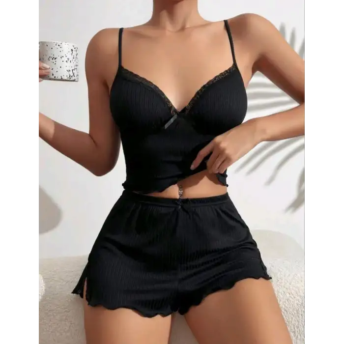 kadın siyah şortlu gecelik takım 5016