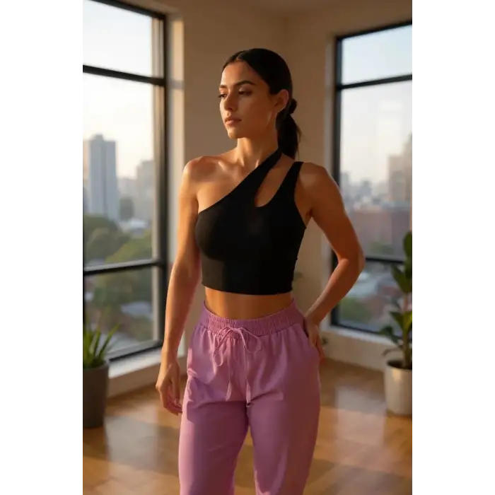 Kadın Siyah Tek Omuz Cut Out Detaylı Crop Top Bluz – Şık, Rahat ve Kolay Kombinlenebilir