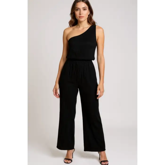 Kadın Siyah Tek Omuzlu Şık Bluz & Geniş Paça Pantolon İkili Takım – Modern, Konforlu ve Günlük Kombinlere Uygun