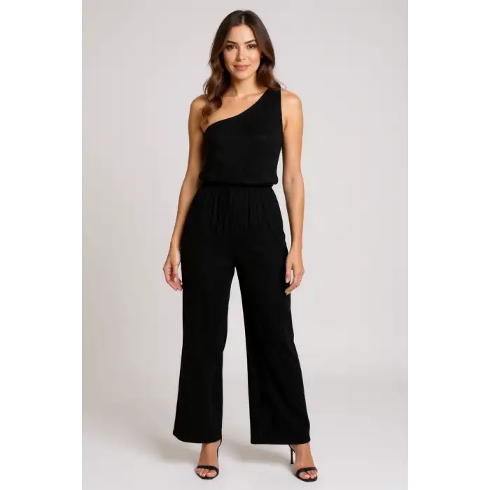 Kadın Siyah Tek Omuzlu Şık Bluz & Geniş Paça Pantolon İkili Takım – Modern, Konforlu ve Günlük Kombinlere Uygun