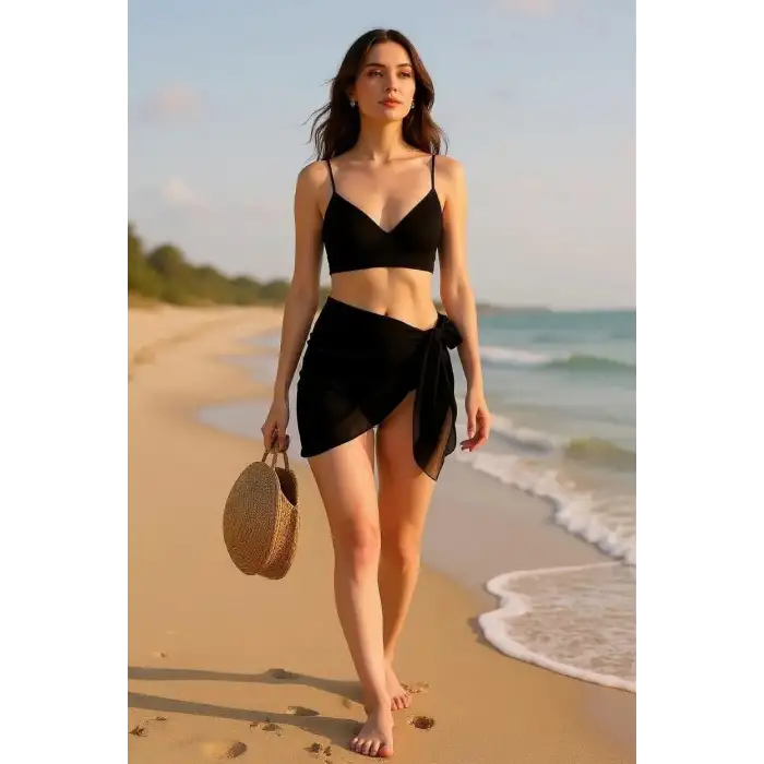 Kadın Siyah Transparan Belden Bağlamalı Pareo – Modern ve Şık Tasarım