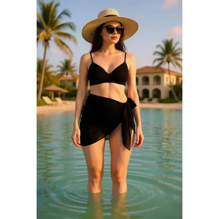 Kadın Siyah Transparan Belden Bağlamalı Pareo – Modern ve Şık Tasarım