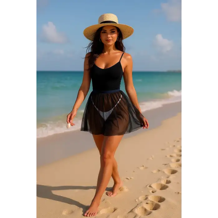 Kadın Siyah Tül Beli Lastikli Etek Görünümlü Pareo – Modern ve Şık Tasarım