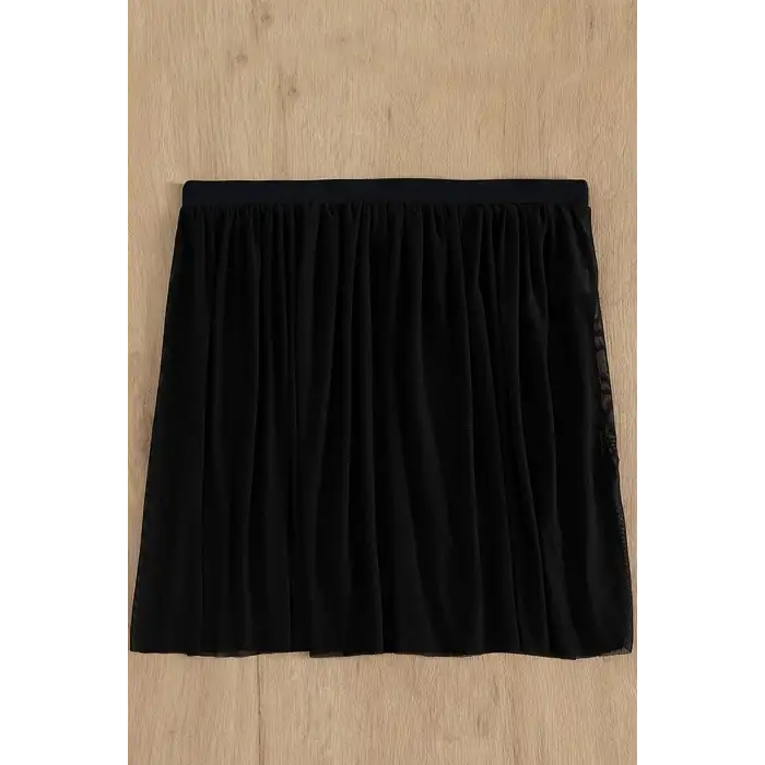 Kadın Siyah Tül Beli Lastikli Etek Görünümlü Pareo – Modern ve Şık Tasarım