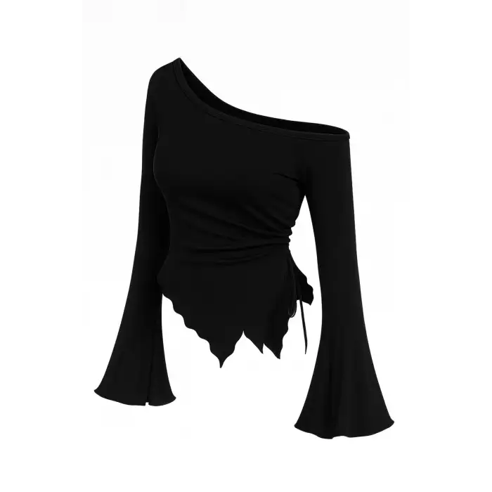 Kadın Siyah Uzun İspanyol Kollu Asimetirik Yaka Yandan Bağlamalı Drapeli Bluz