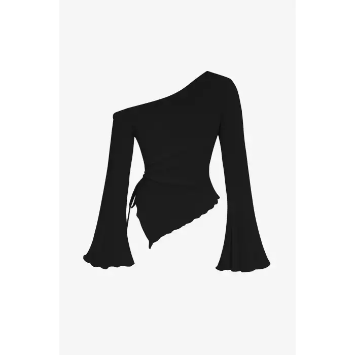 Kadın Siyah Uzun İspanyol Kollu Asimetirik Yaka Yandan Bağlamalı Drapeli Bluz