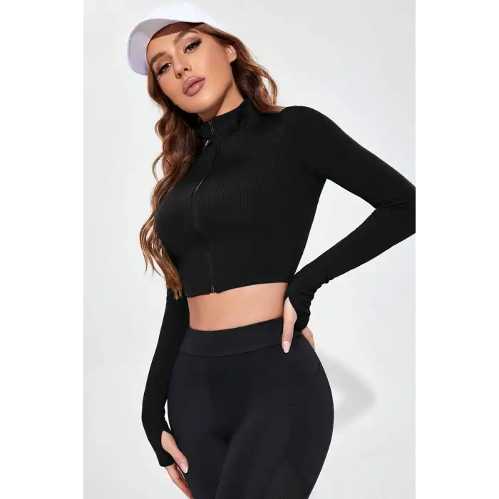 Kadın Siyah Uzun Kol Fermuarlı Parmak Geçme Detaylı Dik Yaka Crop Top Bluz