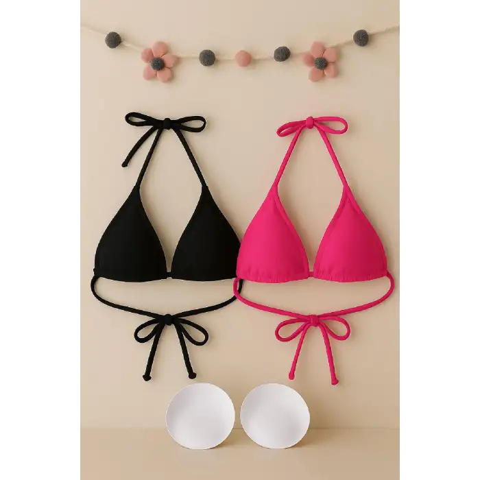 Kadın Siyah ve Fuşya Minimal Kesim Üçgen Bikini Üstü – Modern ve Şık Tasarım