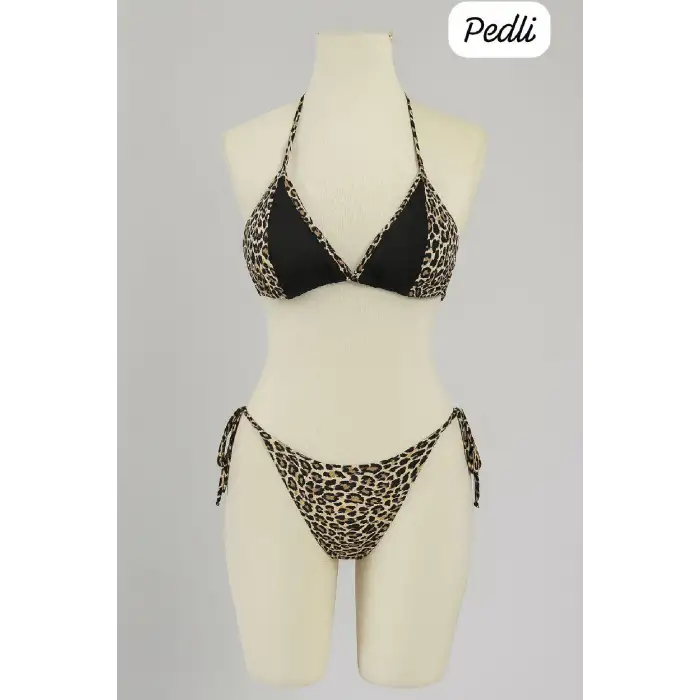 Kadın Siyah ve Leopar Detaylı Yandan Bağlamalı Bikini Takımı – Modern, Konforlu ve Günlük Kombinlere Uygun