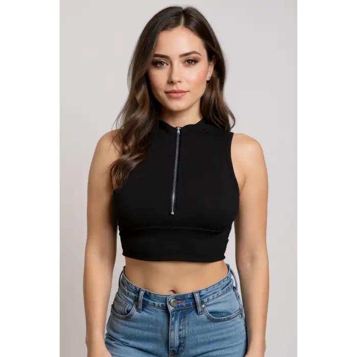 Kadın Siyah Yarım Fermuarlı Sıfır Kol Crop Top Bluz – Şık, Rahat ve Kolay Kombinlenebilir