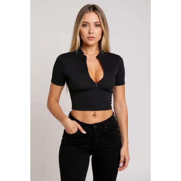 Kadın Siyah Yarım Fermuarlı ve Kısa Kollu Crop Top Bluz
