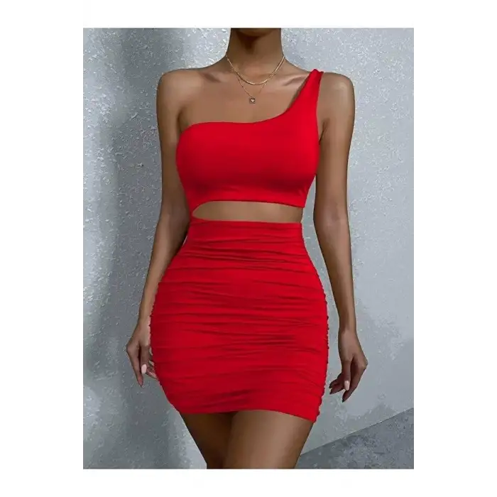 Kadın Tek Omuz Kesim Detaylı Büzgülü Fantezi Elbise 5078