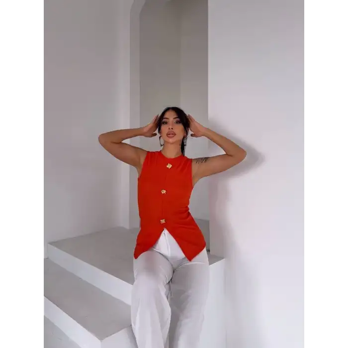 Kadın turuncu bisiklet yaka gold düğmeli ottoman bluz s2310