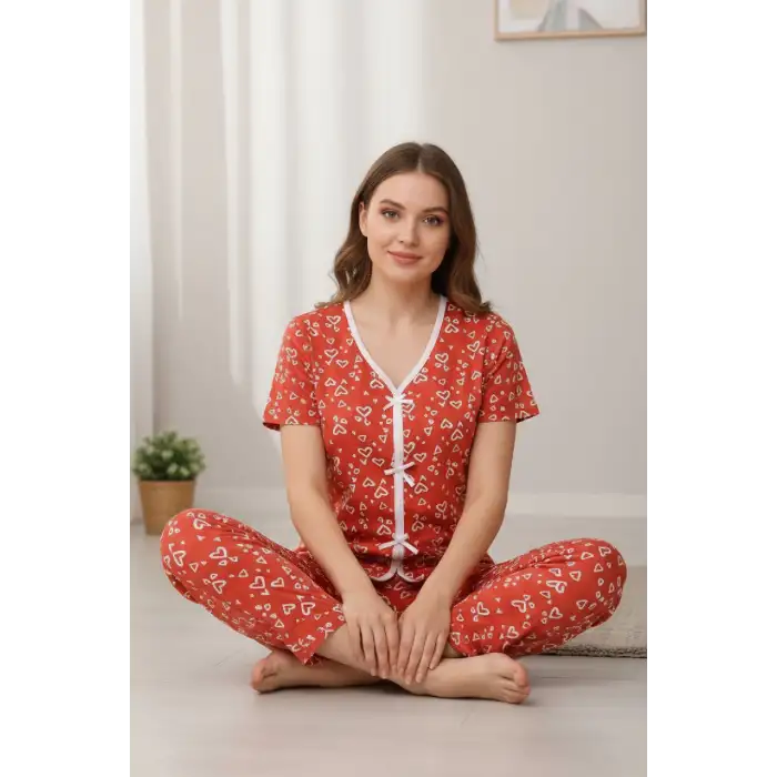Kadın Turuncu Kalp Desenli Fiyonklu Kısa Kollu Uzun Pijama Takımı