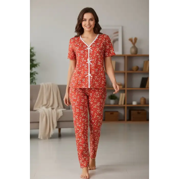 Kadın Turuncu Kalp Desenli Fiyonklu Kısa Kollu Uzun Pijama Takımı
