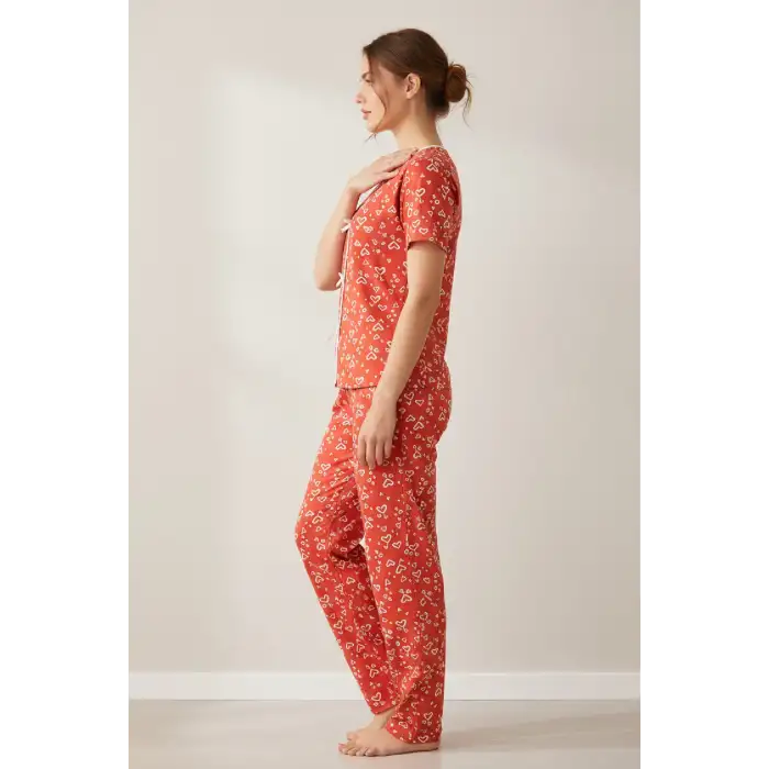 Kadın Turuncu Kalp Desenli Fiyonklu Kısa Kollu Uzun Pijama Takımı