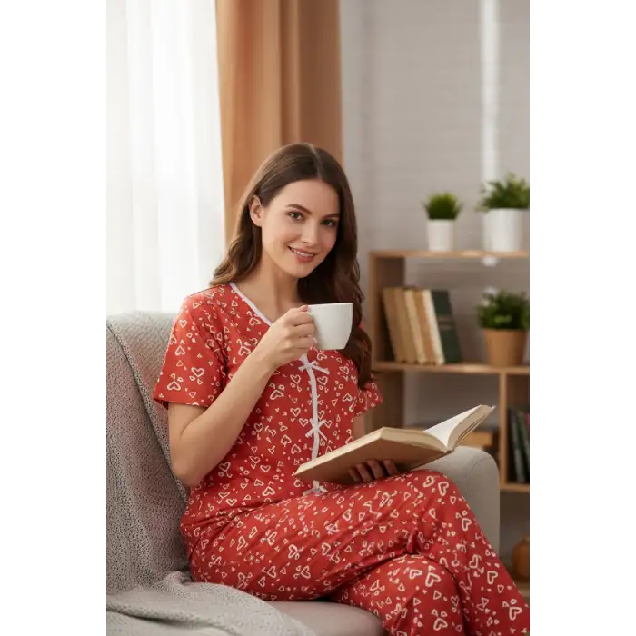 Kadın Turuncu Kalp Desenli Fiyonklu Kısa Kollu Uzun Pijama Takımı