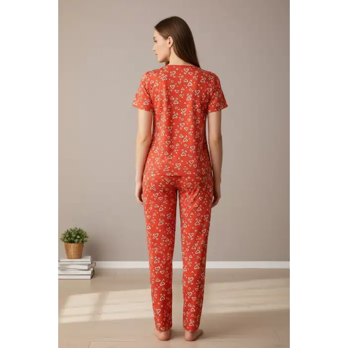 Kadın Turuncu Kalp Desenli Fiyonklu Kısa Kollu Uzun Pijama Takımı