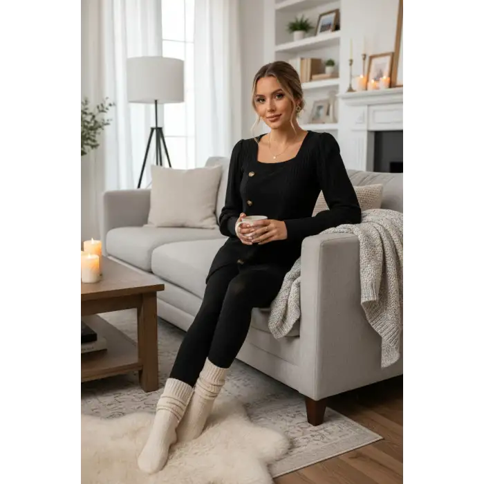 Kadın Uzun Kollu Düğmeli Mevsimlik Bluz – Yumuşak Dokulu, Esnek ve Sıcak Tutan Kumaş