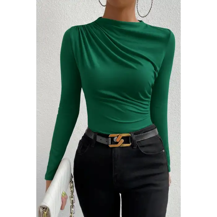 Kadın Yeşil Belden ve Boyundan Büzgü Detaylı Uzun Kollu Bluz
