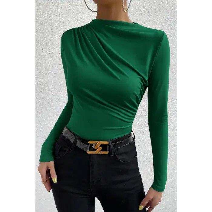 Kadın Yeşil Belden ve Boyundan Büzgü Detaylı Uzun Kollu Bluz