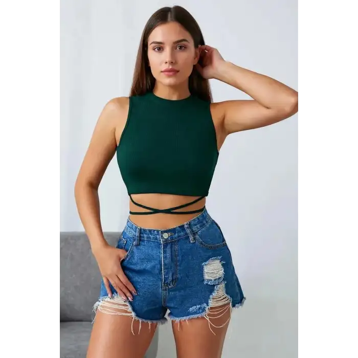 Kadın Yeşil Çapraz Bağlamalı Crop Top Büstiyer – Modern ve Şık Tasarım