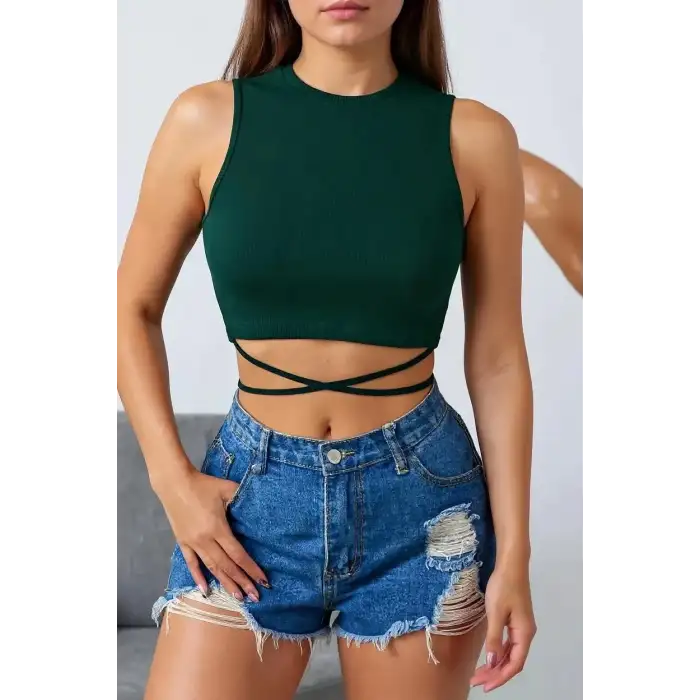 Kadın Yeşil Çapraz Bağlamalı Crop Top Büstiyer – Modern ve Şık Tasarım